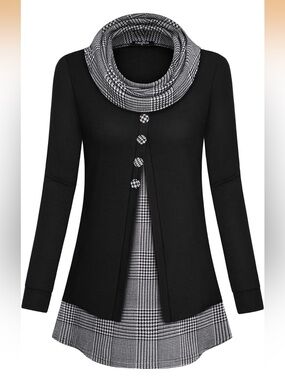 Black Tunic with Black-and-White Houndstooth Trim women’s large classic elegant